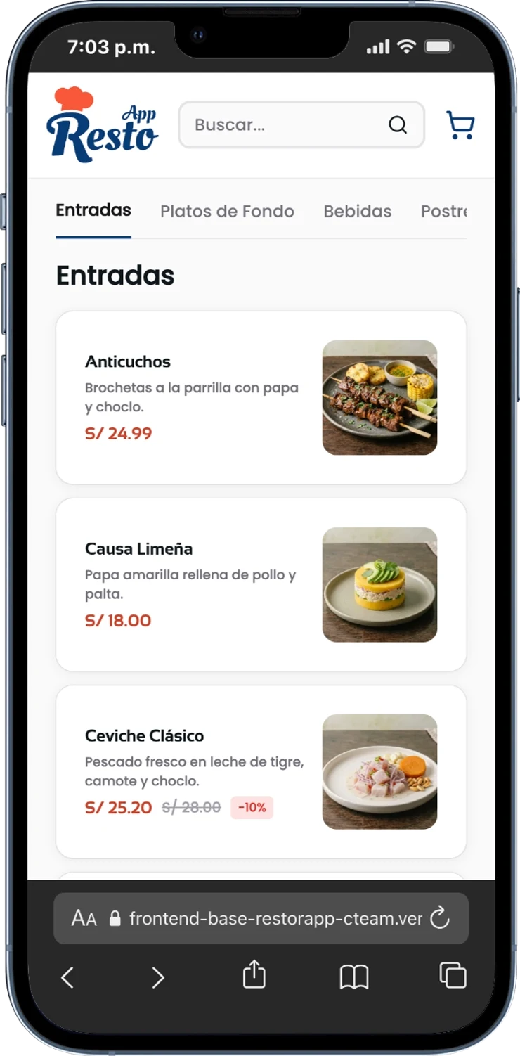 El menú web de Resto App en un móvil: la carta de entradas con foto, descripción y precio de cada plato